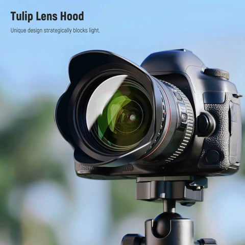 Camera with tulip lens hood from 58mm UV CPL FLD ND Filter Kit For Canon Rebel EOS Cameras All In One Lens Filter Set