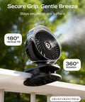 Black Portable Misting Clip On Fan With USB C Rechargeable Battery displayed on a railing, showcasing 360-degree rotation.