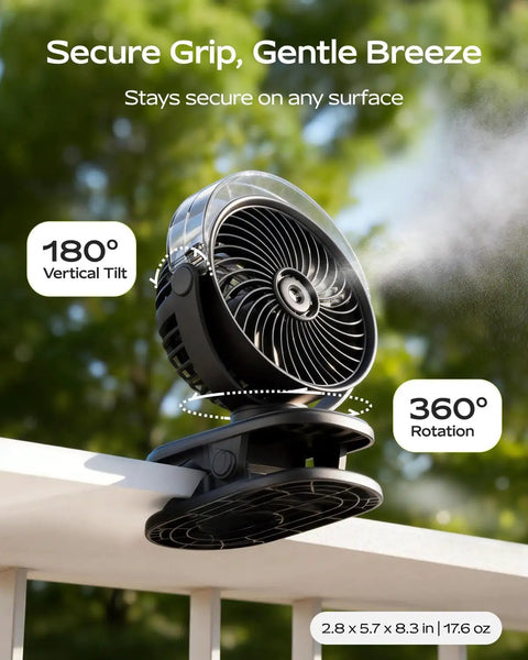 Black Portable Misting Clip On Fan With USB C Rechargeable Battery displayed on a railing, showcasing 360-degree rotation.