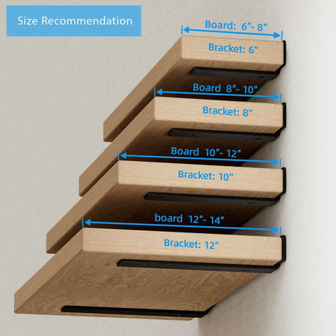 Six Inch Heavy Duty Shelf Brackets Set Of Six For Wood Shelves, displayed with size recommendations for optimal fit.