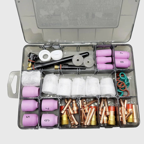 71Pcs Stubby TIG Torch Consumables Kit for WP17 WP18 WP26 Welders open case showing nozzles, collets, glass cups
