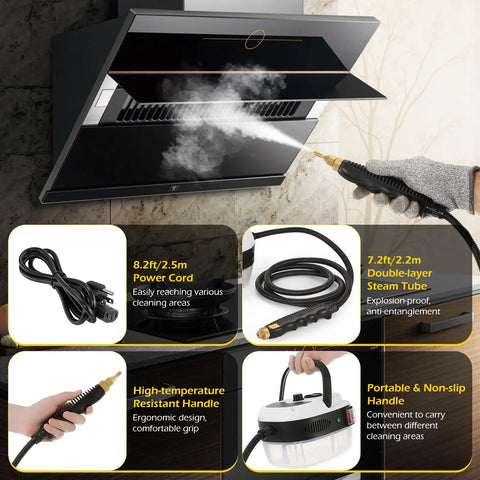 Heavy Duty Handheld Steam Cleaner 2500 Watt Hella Powerful Vapor Output For Quick Car Detailing And Smooth Home Cleanup At Two Hundred Twenty One Degrees Chemical Free No Sweat Struggle Ever, showing steam tube in use.