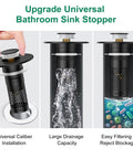 Upgrade Universal Bathroom Sink Drain Strainer And Pop Up Stopper Hair Catcher in use with water flow and filtering features.