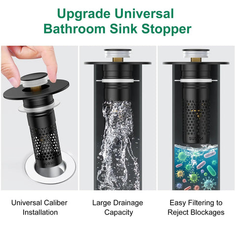 Upgrade Universal Bathroom Sink Drain Strainer And Pop Up Stopper Hair Catcher in use with water flow and filtering features.