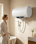 Heavy Duty Horizontal Electric Water Heater Featuring A Nifty Digital Display And Generous 70 Liter Reserve Plus 110V Plug Right In Hook Up in bathroom.