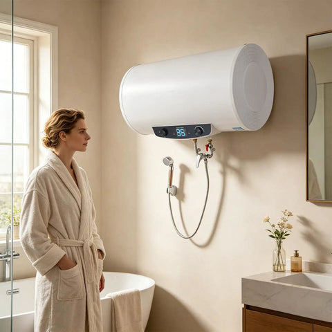 Heavy Duty Horizontal Electric Water Heater Featuring A Nifty Digital Display And Generous 70 Liter Reserve Plus 110V Plug Right In Hook Up in bathroom.