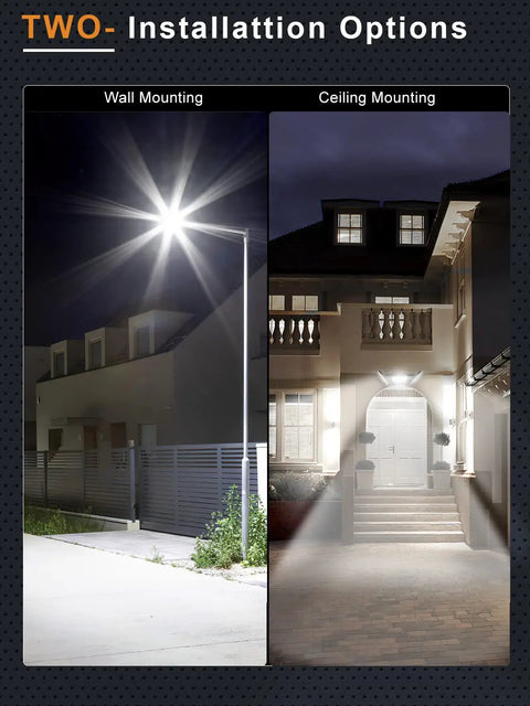 20 Pack Heavy Duty 300W Led Flood Lights Outdoor showcasing wall and ceiling mounting options, illuminating outdoor spaces.