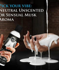 Rich Creamy White Water Based Body Glide With Musk Inspired Scent poured onto hands, bottle in view, non staining formula.
