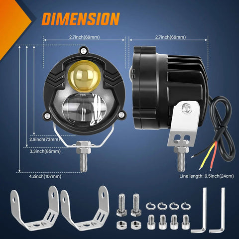 2.7 Inch White Amber Spot Beam LED Pods For Offroad Motorcycles And ATVs IP67 Waterproof with dimensions and mounting hardware
