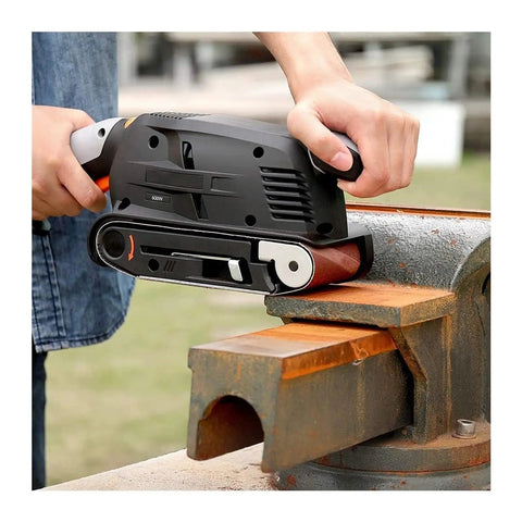 Heavy Duty 600W Electric Belt Sander With Variable Speed Control in use on timber surface for smooth woodworking.