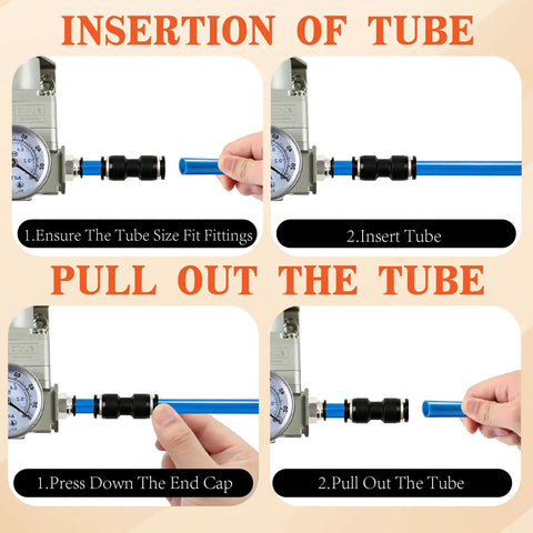 Diagram showing insertion and pull-out steps for 70-Piece Quarter Inch Quick Connect Air Fittings Kit With Push To Connect Pneumatic Fittings.