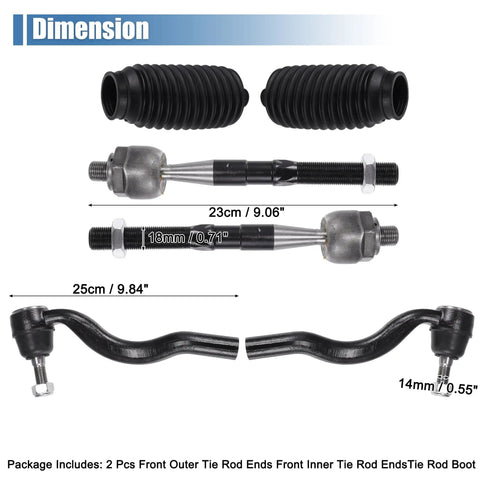 6 Piece Front Inner Outer Tie Rod Ends Kit for Dodge Durango 2011 to 2015 and Jeep Grand Cherokee 2011 to 2015 Drag Link Steering Suspension Replacement OE ES800972 ES800973 EV800987, black boots and tie rods with dimensions