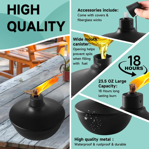 Six Pack Metal Table Top Torches With 23.5 Oz Citronella Fuel For Outdoor Parties And Garden Decor Refillable Flame Torches With Wicks And Covers Long Lasting Burn Time Of Over 18 Hours