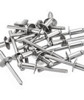 25 Pack 1/4 Inch 1/2 Grip 304 Stainless Steel Large Flange Round Head Blind Rivets. Heavy-duty open end fasteners for construction.