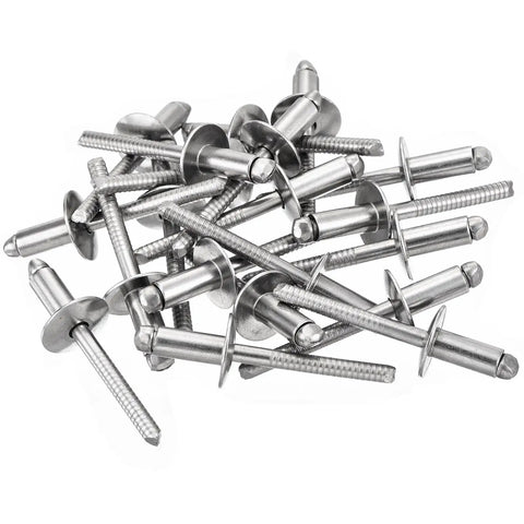 25 Pack 1/4 Inch 1/2 Grip 304 Stainless Steel Large Flange Round Head Blind Rivets. Heavy-duty open end fasteners for construction.
