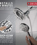Arvo 14 Series Chrome Shower Faucet Set With In2ition 2-In-1 Dual Shower Head And Handheld Spray, showing water flow and touch-clean spray holes.