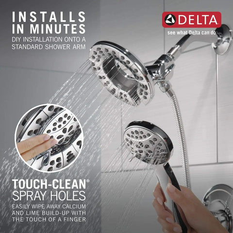 Arvo 14 Series Chrome Shower Faucet Set With In2ition 2-In-1 Dual Shower Head And Handheld Spray, showing water flow and touch-clean spray holes.