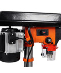 Compact 10 Inch Benchtop Drill Press With Enclosed Class I Laser Positioning System showing motor and controls for woodworking precision.