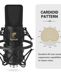 XLR Condenser Microphone Cardioid Studio Kit with T20 boom arm, featuring cardioid pattern for recording podcasting voiceover streaming.