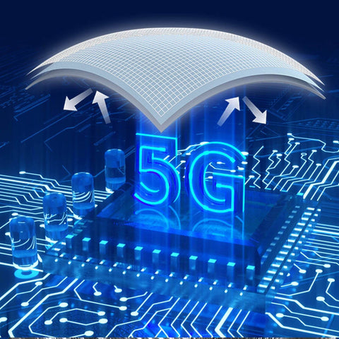 Illustration showing Silver Fiber Shielding Fabric blocking EMF radiation, protecting a 5G chip from electromagnetic waves.