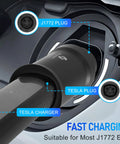 Heavy Duty NACS to J1772 EV Charger Adapter for Big Time Adaptive Fast Charging up to 80A and 250V power with No Sweat setup for all J1772 Electric Cars and Tesla Connectors showing J1772 and Tesla plugs during fast charging.