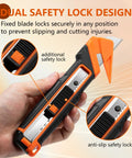 Dual Lock Safety Box Cutter With Retractable Blade, Hella Handy Package Opener For Quick Cuts, Includes Snap-Off Blades, Film Cutter And Tape Splitter For Warehouse And In-Store Cutting, orange black handle with safety lock