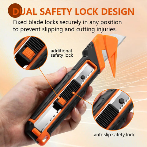 Dual Lock Safety Box Cutter With Retractable Blade, Hella Handy Package Opener For Quick Cuts, Includes Snap-Off Blades, Film Cutter And Tape Splitter For Warehouse And In-Store Cutting, orange black handle with safety lock