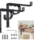 Two Pack Heavy Duty Shelf Brackets With Curtain Rod Holder 6 x 6 Inch Black Iron Wall Mount Supports For Curtains, Shelves