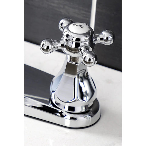 Close-up of Metropolitan Two-Handle Centerset Kitchen Faucet With Side Sprayer in Polished Chrome, featuring classic handle design.