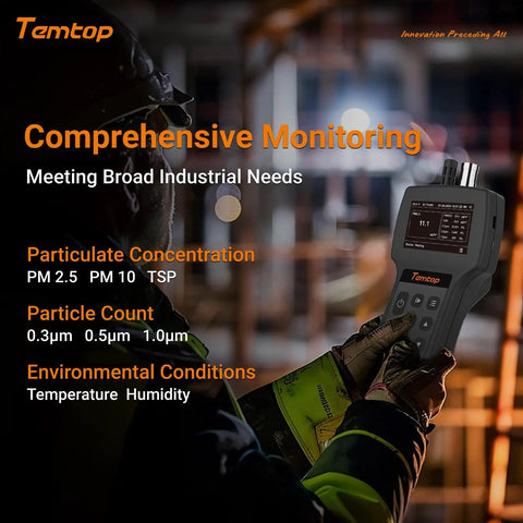 Top Notch Handheld Particle Counter Featuring Pm1 Pm25 Pm10 Air Quality Monitoring And Iso Certified Aerosol Detection Bringing Spot On Accuracy To Cleanrooms Labs And Medical Facilities Daily, held by a worker in a safety jacket.