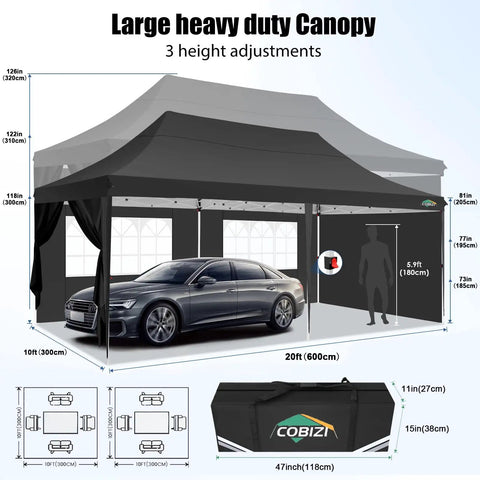 10x20 Pop Up Canopy Tent With Sidewalls And Upgrade Frame For Parties Weatherproof Outdoor Gazebo UPF 50 Plus Waterproof Shelter 3 Height Adjustable With Carry Bag Black, shown with car underneath for size reference.