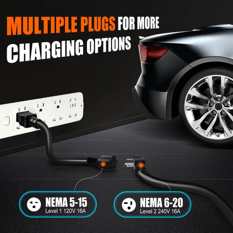 Road Trip Ready Portable Level One And Two EV Charger 110 To 240 Volt 8 To 16 Amp with NEMA 5-15 and 6-20 plugs by car