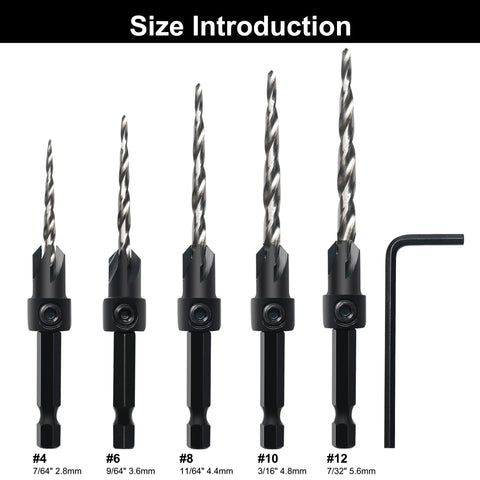 Pro Grade Countersink Drill Bit Set, 5Pcs M2 HSS Tapered Bits With One Quarter Inch Hex Shank Quick Change, Adjustable Depth Counter Sleeve And Allen Wrench, Ideal For Woodworking And Carpentry Projects