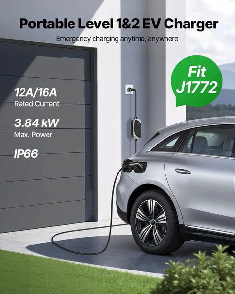 Car charging with 16 Amp Level 1 And Level 2 EV Charger With 25 Ft Cable, Portable Home Charging Station No Pro Needed, For SAE J1772