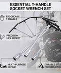 Heavy Duty T Handle Socket Wrench Set for Cars and Bikes, 7 Piece Metric Drive Kit with ergonomic T-handles and chrome finish.