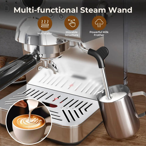 Multi-functional steam wand of Top Shelf Espresso Machine With Hot And Cold Brew Coffee Maker For Knockout Cafe Drinks Home.