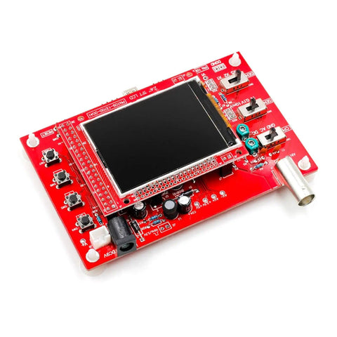 Digital Oscilloscope Kit High Precision 1Msps Real Time Sampling And Twelve Bit Resolution With Two Point Four Inch TFT Display Arm Cortex M Three Core Includes Fully Assembled Or DIY PCB Plastic Case showing red circuit board with TFT display