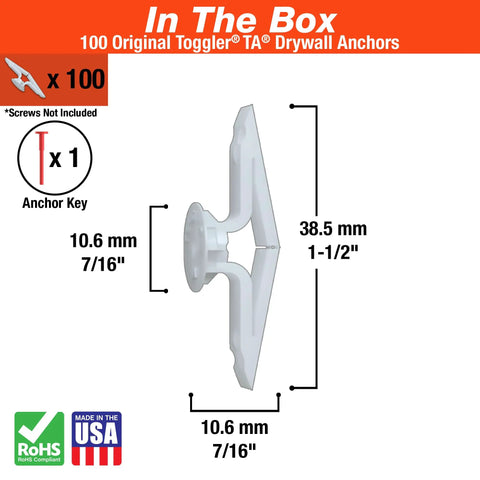 Heavy Duty Hollow Door Anchors For Thin Doors Fits 8 To 12 Screws 1/8 To 1/4 Inch Grip Range Holds Up To 124 Lb In 1/4 Inch Plywood Made In USA Pack Of 100 Anchors Screws Not Included
