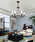 Rustic Farmhouse Round Pendant Lighting 6-Light Chandelier In Oil-Rubbed Bronze in living room setting