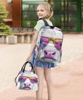 Girl wearing Dope Cow Print Sunglasses Portrait Backpack With Insulated Cooler Lunch Box And Scratch Resistant Nylon Multi Pocket Design