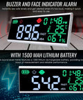 13 Inch Large LCD Decibel Meter With Alarm on tabletop, showing sound level, temperature, humidity, and battery status