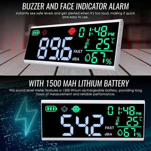 13 Inch Large LCD Decibel Meter With Alarm on tabletop, showing sound level, temperature, humidity, and battery status