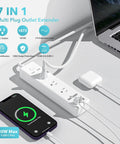 7 In 1 Surge Protector Power Strip With PD 20W USB C Fast Charging 3 AC Outlets 4 USB Ports 5 Ft Flat Plug Extension Cord Overload Protection Wall Mount ETL Listed 1200J For Home Office Must Have, shown with devices plugged in