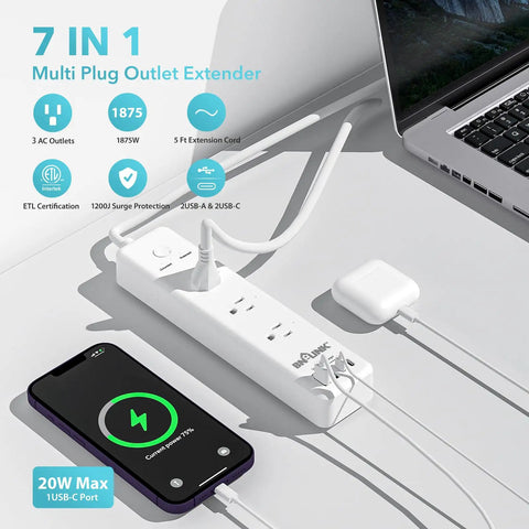 7 In 1 Surge Protector Power Strip With PD 20W USB C Fast Charging 3 AC Outlets 4 USB Ports 5 Ft Flat Plug Extension Cord Overload Protection Wall Mount ETL Listed 1200J For Home Office Must Have, shown with devices plugged in