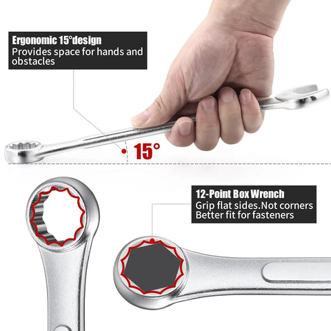 Hand holding Combo Wrench Set 33 Piece Chrome Vanadium Steel Wrenches 12 Point SAE And Metric; close-up of wrench design details.