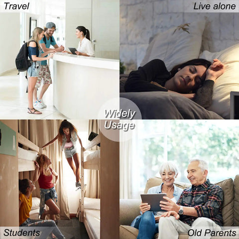 Collage of diverse people using Travel Ready Lightweight Portable Door Lock For Travelers With A Patented Design in different scenarios