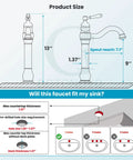 Diagram showing Single Handle Vessel Sink Faucet 360 Degree Swivel One Hole in Oil Rubbed Bronze with measurements and installation details.
