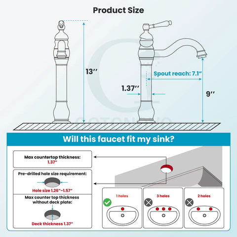 Diagram showing Single Handle Vessel Sink Faucet 360 Degree Swivel One Hole in Oil Rubbed Bronze with measurements and installation details.
