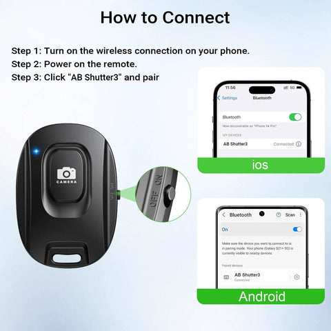 How to connect Two Pack Wireless Remote Shutter For iPhone And Android Cameras Bluetooth Photo Clicker details display.
