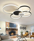 Modern living room with 6 Ring Black LED Ceiling Light Fixture With Remote Control 60W Dimmable Flush Mount Chandelier installed